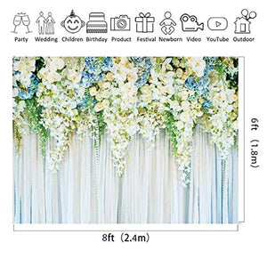 Riyidecor Bridal Floral Wall Backdrop Yarn Wall Photography Background White and Blue Flowers and Green Leaves 8WX6H Feet Decoration Wedding Props Party Photo Shoot Backdrop Vinyl Cloth