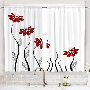 Riyidecor Red Flower Kitchen Curtains 55 x 39 Inch Floral Petals Rod Pocket Leaves Lines Geometrical Modern Woman Girl White Black Printed Living Room Bedroom Window Drapes Treatment Fabric 2 Panels