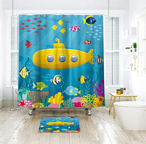Riyidecor Kids Shower Curtain Marine Underwater Ocean Fish Coral Yellow Submarine Colorful Decor Fabric Bathroom 72Wx72H Inch 12 Pack Plastic Shower Hooks Included