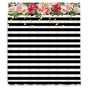 Riyidecor Flower Shower Curtain Panel Black and White Stripe Floral Wedding Rose Pink Herbs Decor Fabric Set Polyester Waterproof 72x72 Inch 12 Pack Included Plastic Hooks