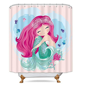 Riyidecor Cute Mermaid Shower Curtain Girls Cartoon Kids Blue Heart Colorful Purple Hair Seaweed Fish Bath Decor Fabric Set Polyester Waterproof 72x72 Inch 12 Pack Plastic Hooks