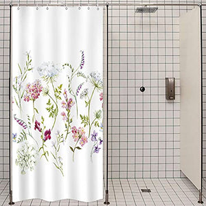 Riyidecor Herbs Floral Plants Shower Curtain 39" W x 72" H Small Stall Watercolor Wildflowers Delicate Flower Pink Tansy Pansies Retro White Decor Fabric Bathroom Polyester Waterproof Plastic
