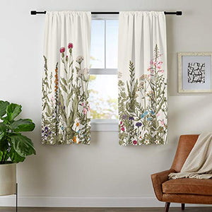 Riyidecor Green Leaves Plant Small Kitchen Curtains Floral Botanical Rod Pocket Farmhouse Pattern Cafe Curtains Herbs Rustic Living Room Bedroom Window Drapes Treatment Fabric (2 Panels 55 x 39 Inch)