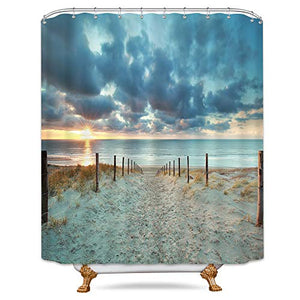 Riyidecor Extra Long Ocean Beach Shower Curtain 72W x 84H Sunset Scenic Blue Sky Seaside Landscape Sand Decor Fabric Bathroom Clawfoot Tub 12 Pack Plastic Shower Hooks