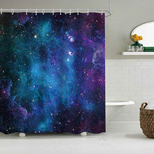 Riyidecor Extra Long Galaxy Outer Space Shower Curtain 72Wx84H Inch Universe Planets Magical Fantasy Star in Blue Sky Ocean Decor Fabric Bathroom 12 Pack Plastic Hooks