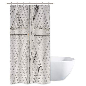 Riyidecor Stall Barn Door Shower Curtain 36Wx72H Inch Rustic Farmhouse Barn Door Gray and White Wooden Decor Fabric Polyester Waterproof 7 Pack Plastic Hooks