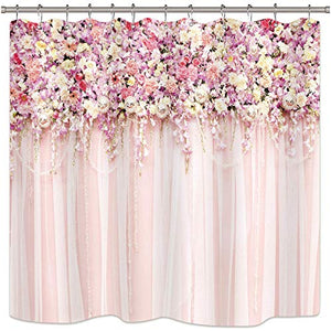 Riyidecor Bridal Floral Wall Shower Curtain for Bathroom 72Wx72H Inch Pink Rose Pattern Bath Set for Woman Girl Vintage Spring Nature Bathtub Accessories Fabric Panel Waterproof Plastic 12 Pack Hooks