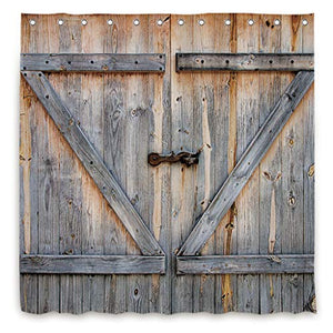 Riyidecor Wooden Barn Door Shower Curtain Rustic Wood Farmhouse Vintage Decor Fabric Polyester Waterproof 72Wx72H Inch 12 Pack Metal  Hooks