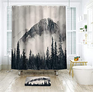 Riyidecor Extra Long National Parks Mountain Fabric Shower Curtain 72Wx84H inch Scenery Foggy Smokey Forest Tree Cliff Outdoor Idyllic Art Home Decor Bathroom Plastic Hooks 12 Pack