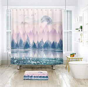 Riyidecor Watercolor Forest Shower Curtain 72x72 Inch Misty Blue Pink Purple Mountain Moon Foggy Scenery Landscape Magical Nature Waterproof Fabric Polyester Bathroom Decor Set 12 Pack Plastic Hooks