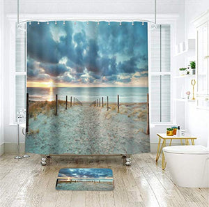 Riyidecor Ocean Beach Shower Curtain 72Wx72H Sunset Scenic Blue Sky Seaside Landscape Sand Decor Fabric Bathroom 12 Pack Plastic Shower Hooks