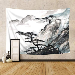 Riyidecor Japanese Tapestry Wall Hanging 59Wx51H Inch Asian Chinese Landscape Bedroom Decor for Men Painting Oriental Style Ink Watercolor Mountain Trees Black Artwork Print Indigenous Bedroom Living Room