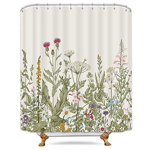 Riyidecor Extra Long Wild Flower Shower Curtain for Bathroom Decor 72Wx84H Inch Vintage Botanical Colorful Border Accessories Herbs Bathroom Set Windows Fabric Polyester Waterproof 12 Pack Hooks