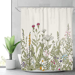 Riyidecor Fabric Green Leaves Shower Curtain for Bathroom Decor 60Wx72H Inch Floral Flower Botanical Decorative Bath Set Plants Herbs Bathroom Accessories Polyester Waterproof 12 Pack Hooks