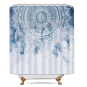 Riyidecor Blue Mandala Shower Curtain India Ethnic Boho Medallion Abstract Bohemian Retro Floral Geometric Fabric Waterproof Home Bathtub Decor 12 Pack Plastic Hook 72x72 Inch