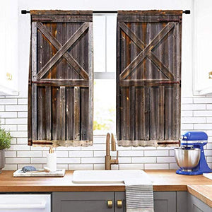 Riyidecor Rustic Wooden Barn Doors Kitchen Curtains Old Countryside Rod Pocket Woods Retro Brown Farmhouse Printed Living Room Bedroom Window Drapes Treatment Fabric 2 Panels 55 x 39 Inch