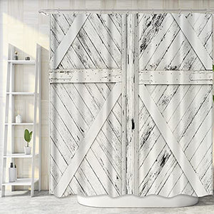 Riyidecor Extra Long Fabric Barn Door Shower Curtain for Bathroom 72Wx78H Inch Rustic Wood Bath Curtain for Men Women Farmhouse Door Pattern Home Decor Western Country Set Waterproof 12 Pack Hooks