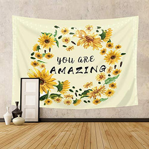 Riyidecor Yellow Sunflower Tapestry You are Amazing Quotes Wild Daisy Inspiration Motivation 51x59 Inch Blossom Flower Floral Simple Modern Printed Decoration Bedroom Living Room Dorm Wall Hanging