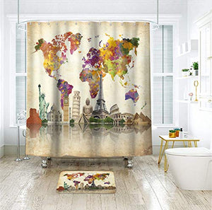 Riyidecor World Map Shower Curtain Travel Vintage Wanderlust Landmark Spot Cultural Statue of Liberty Big Ben Decor Fabric Set Polyester Waterproof 72x72 Inch with 12 Pack Hooks