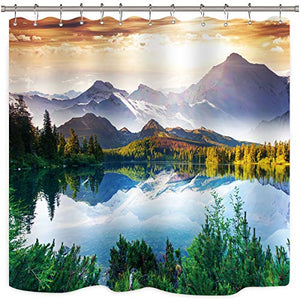 Riyidecor Mountain Scenic Shower Curtain 72Wx78H Inch Metal Hooks 12 Pack Scenery Landscape Art Blue Sky Forest Beauty Wilderness and Hiking Decor Fabric Set