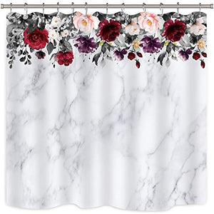 Riyidecor Gray Marble Colorful Flower Shower Curtain Grey Floral White Simple Modern Chic Beautiful Fabric Set Polyester Waterproof 72x72 Inch 12 Pack Plastic Hooks