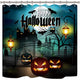Riyidecor Happy Halloween Shower Curtain Pumpkin Cute Teal Scary Ghost Kids Castle Moon Creative Blazing Decor Fabric Set Polyester Waterproof 72x72 Inch 12 Pack Plastic Hooks Included