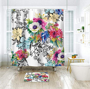 Riyidecor Watercolor Floral Shower Curtain Flower Blossoming Wildflowers Birds Spring Leaves Branches Decor Collection Fabric Polyester Waterproof 72x72 Inch Plastic Hooks 12 Packs