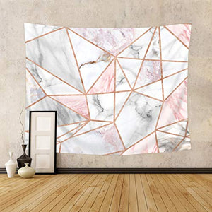 Riyidecor Pink Grey Tapestry Geometric Marble Rose Gold Stripes Unique 91Wx71H Inch Surface Blocks Cracked Pattern Lines White Natural Luxury Realistic Decoration Living Room Bedroom Fabric Polyester