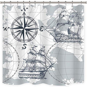 Riyidecor Extra Long Nautical Sailboat Map Shower Curtain 72Wx84H Inch Boat Sketch Ship Wheel Compass Anchor Decor Fabric olyester Waterproof Fabric 12 Pack Plastic Hooks