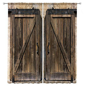 Riyidecor Rustic Wooden Barn Door Curtains for Living Room Decoration Rod Pocket Wood Brown Door Window Curtains Farmhouse Art Printed Bedroom Window Drapes Treatment Fabric (2 Panels 52 x 84 Inch