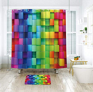 Riyidecor Rainbow Geometric Plaid Brick Wall Shower Curtain 72Wx72H Inch Abstract Plastic Hooks 12 Pack Neon Colored Blue Green Red Purple Decor Fabric Bathroom Set Polyester Waterproof Fabric