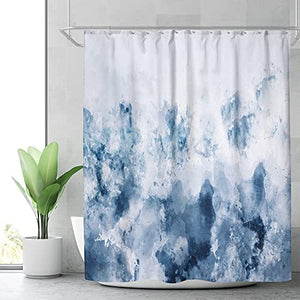 Riyidecor Abstract Watercolor Ombre Blue Shower Curtain 72WX72H Inch Gray Cold White Modern Art Gradient Painting Decor Bathroom Set Fabric Polyester 12 Pack Plastic Shower Hooks