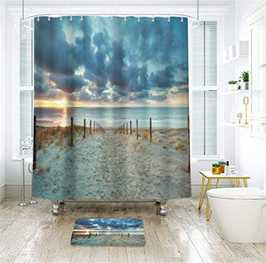 Riyidecor Extra Long Ocean Beach Shower Curtain 72W x 84H Sunset Scenic Blue Sky Seaside Landscape Sand Decor Fabric Bathroom Clawfoot Tub 12 Pack Plastic Shower Hooks