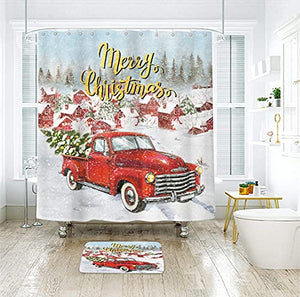 Riyidecor Merry Christmas Red Retro Truck Shower Curtain 60Wx72H Inch Holiday Pickup Winter Snow Tree Vocation New Year House Forest Foggy 12 Pack Plastic Hooks Fabric Waterproof Home Bathtub Decor