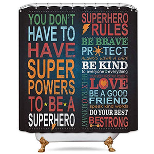 Riyidecor Quotes Shower Curtain Rules Inspirational Superhero Motivational Black Kids Educational Positive Bathroom Decor Fabric Panel 72x72 Inch Waterproof Polyester 12 Pack Shower Hooks