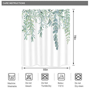 Riyidecor Green Leaves Shower Curtain 54Wx78H Inch Watercolor Spring Botanical Plant Branch Bouquet Fabric Waterproof Home Bathtub Decor 7 Pack Plastic Hook