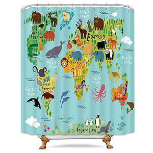 Riyidecor Kids Animal Map Shower Curtain Geography World Educational Children Forest Ocean Blue Colorful Decor Fabric Set Polyester Waterproof Fabric 72Wx72H Inch with 12 Pack Plastic Hooks