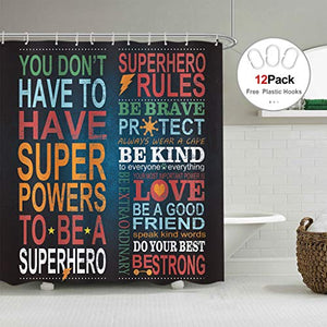 Riyidecor Quotes Shower Curtain Rules Inspirational Superhero Motivational Black Kids Educational Positive Bathroom Decor Fabric Panel 72x72 Inch Waterproof Polyester 12 Pack Shower Hooks