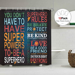 Riyidecor Quotes Shower Curtain Rules Inspirational Superhero Motivational Black Kids Educational Positive Bathroom Decor Fabric Panel 72x72 Inch Waterproof Polyester 12 Pack Shower Hooks