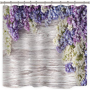 Riyidecor Lavender Flower Shower Curtain Rustic Wooden Floor Purple Lilac Floral Girls Woman Spring Romantic Decor Fabric Bathroom 72x72 Inch 12 Pack Plastic Shower Hooks Included