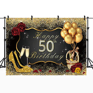 Corovy 50th Birthday Backdrop Black Gold Woman Balloons Champagne Photo Photography Background 7X5 Feet Shining Sequin Rose Gold Party Decorations Celebration Props Photo Shoot Vinyl Cloth