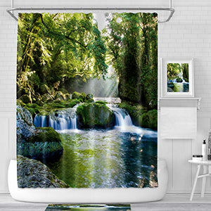 Riyidecor Forest Waterfall Shower Curtain Jungle Landscape Rainforest Green Spring Nature Tree Rock Seasonal Decor Bathroom Set Polyester Waterproof 72x78 Inch with Plastic Hooks 12 Pack