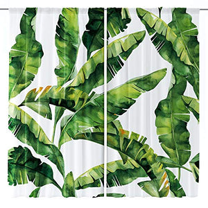 Riyidecor Tropical Palm Curtain Tree Leaf Rod Pocket Botanical Plant Banana Tree Nature Summer White Modern Printed Living Room Bedroom Window Drapes Treatment Fabric (2 Panels 42 x 63 Inch)