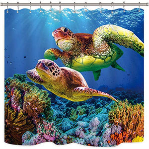 Riyidecor Sea Turtle Shower Curtain Ocean Creature Landscape Colorful Coral Reef Underwater Decor Fabric Set Polyester Waterproof 72x72 Inch 12-Pack Plastic  Hooks