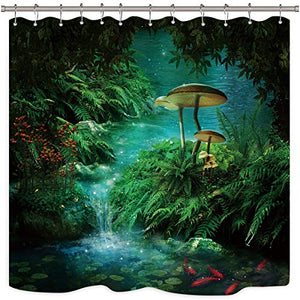 Riyidecor Fantasy Mushroom Shower Curtain 72Wx72H Inch Fairy Forest Tree Gothic Panel Jungle Green Zen River Trippy Bathroom Decor Fabric Set Polyester Waterproof 72Wx72H Inch 12 Pack Plastic Hooks