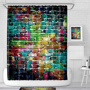 Riyidecor Colorful Brick Wall Shower Curtain Hip Hop Graffiti Colorful Rainbow Painting Decor Fabric Bathroom Polyester Waterproof 72x72 Inch 12-Pack Plastic Hooks