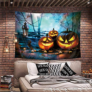 Riyidecor Halloween Pumpkins Lantern Tapestry 60x80 Inch Funny Wood Nightly Spooky Forest Terror Fashion Chic Decor Set Bedroom Living Room Dorm Wall Hanging