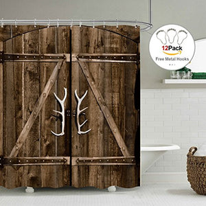 Riyidecor Extra Long Barn Door Shower Curtain Wooden Garage Rustic Farmhouse 72Wx84H Inch 12 Pack Metal Hooks Vintage Country Decor Fabric Bathroom Polyester Waterproof