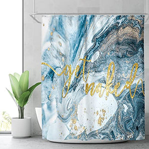 Riyidecor Abstract Marble Get Naked Shower Curtain 72Wx72H Inch Ombre Blue Modern Luxury Ink Texture Swirls Ripples Geometry Line Stripe Aesthetic Natural Fabric Waterproof Polyester 12 Pack Hooks