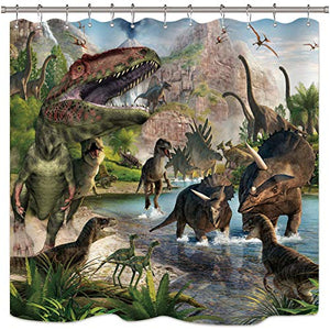 Riyidecor Dinosaur Shower Curtain Boys Kids Animal Dino Jungle Forest Mountain Decor Fabric Bathroom 72x72 Inch 12 Pack Plastic Shower Hooks Included